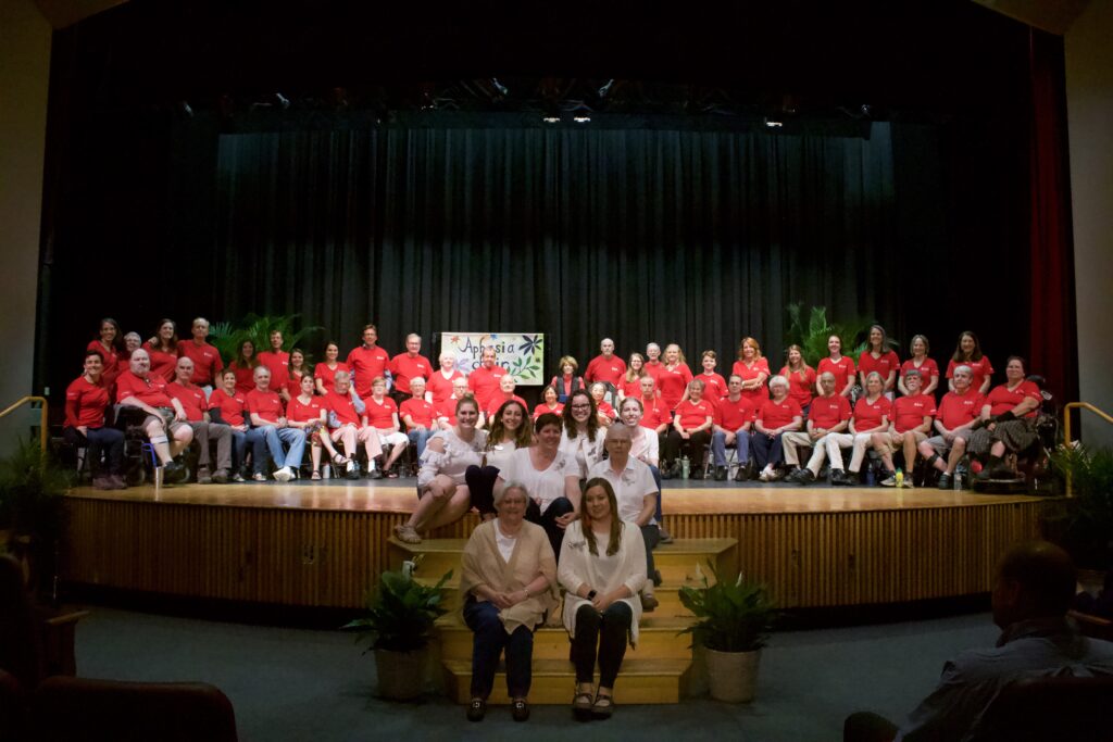 Image: The Aphasia Choir of Vermont celebrates its 5-year anniversary in 2018 with members of the SUNY Plattsburgh Aphasia Choir at South Burlington High School.