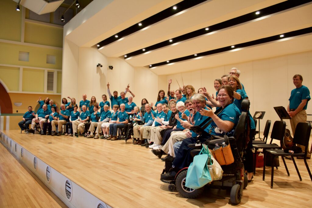 Image: Members of the 2017 Aphasia Choir ham it up at the Elley-Long Music Center in Colchester. 